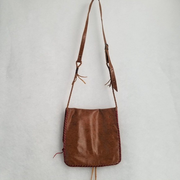 Ethnic Leather Boho Bag Brown & Burgundy 10"L x 10"W Crossbody Adjustable Strap - Picture 3 of 12